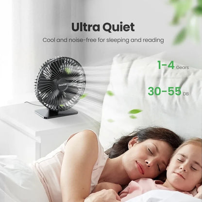 GAIATOP USB Desk Fan – Ultra Quiet, 4 Speeds, Adjustable Cooling