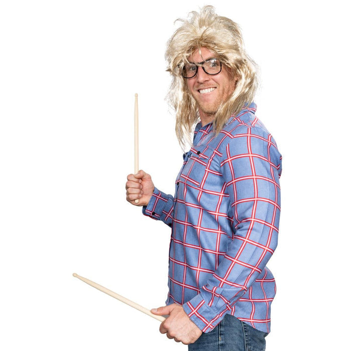 Garth Funny Tv Show Character Cosplay Button Down Flannel Shirt Wig and Drumstick Halloween Costume Set - TVStoreOnline