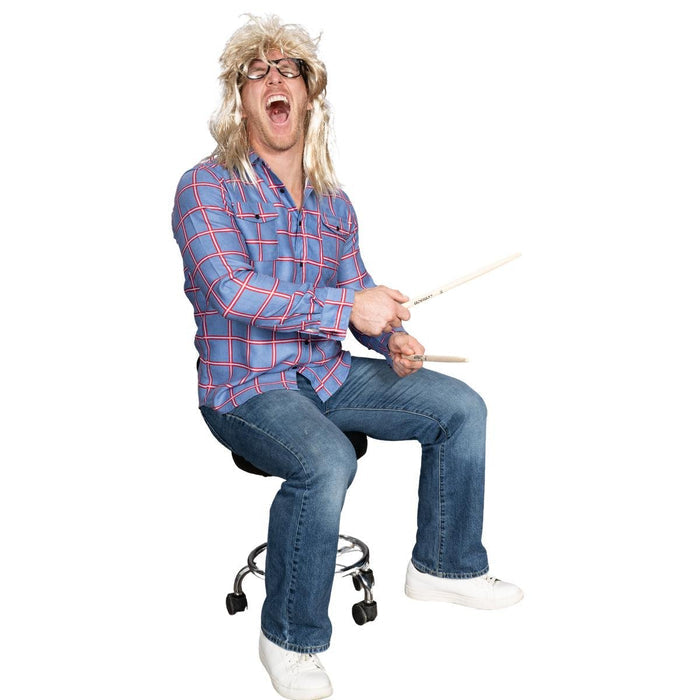 Garth Funny Tv Show Character Cosplay Button Down Flannel Shirt Wig and Drumstick Halloween Costume Set - TVStoreOnline