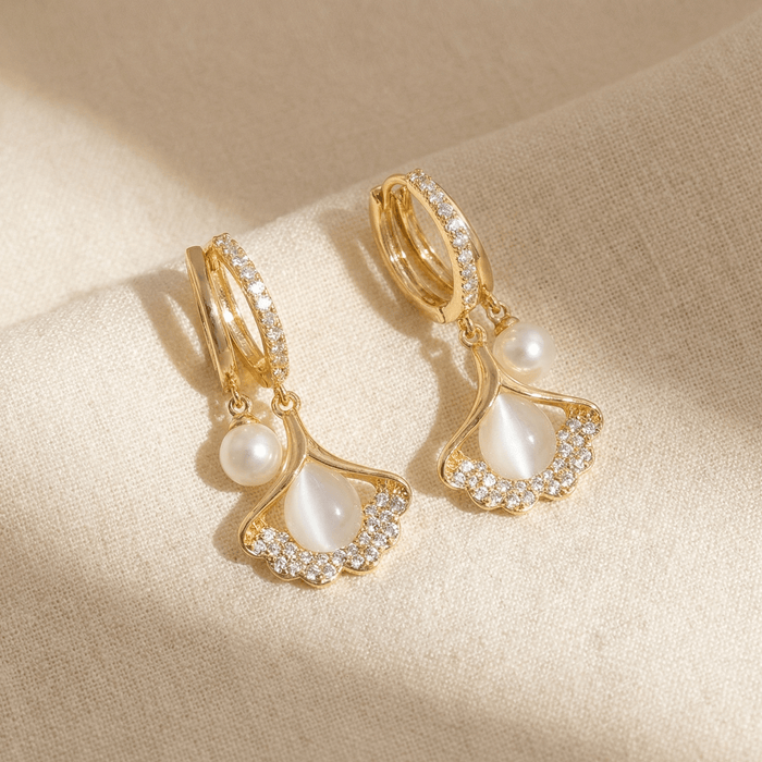 Ginara™ – Crystal Ginkgo Leaf Drop Earrings with Pearl - Lark & Clover