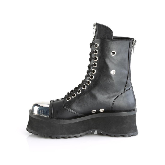 inner side view of black vegan leather 2 3/4" platform Lace-up ankle boot Features matte black metal toe cap & zipper details with back zip closure