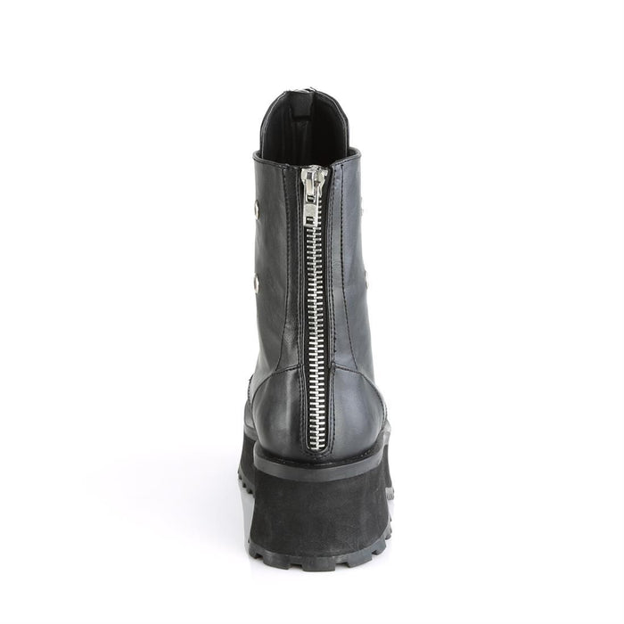 back side view of black vegan leather 2 3/4" platform Lace-up ankle boot Features matte black metal toe cap & zipper details with back zip closure