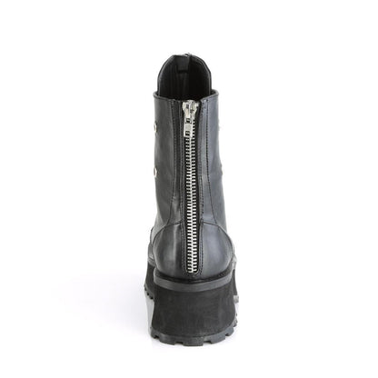 back side view of black vegan leather 2 3/4" platform Lace-up ankle boot Features matte black metal toe cap & zipper details with back zip closure