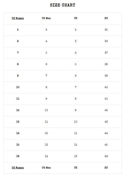 demonia shoe size chart, from right to left, Women's US size, men's US size, UK sizes and EU sizes