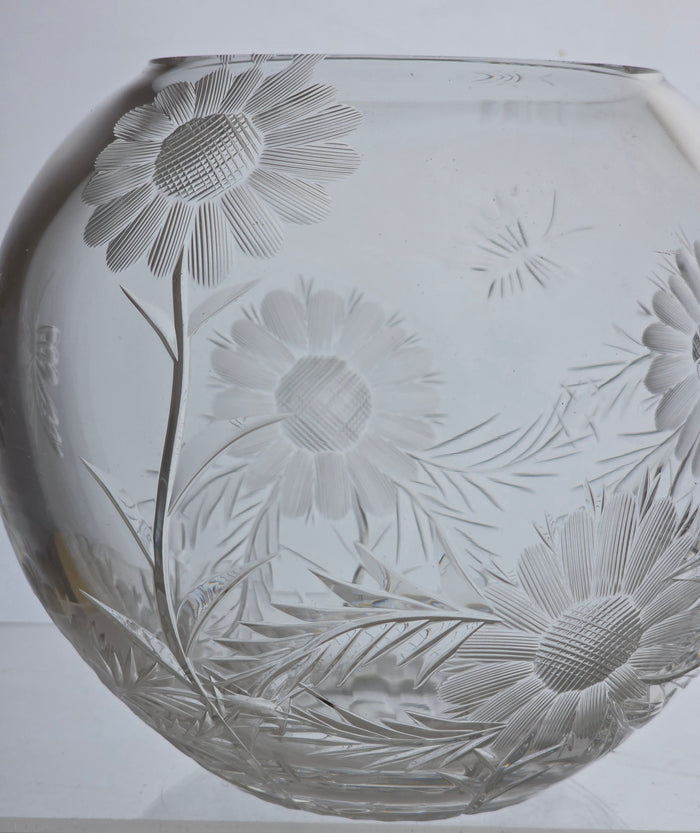 Hand cut glass rose bowl, Butterfly and floral