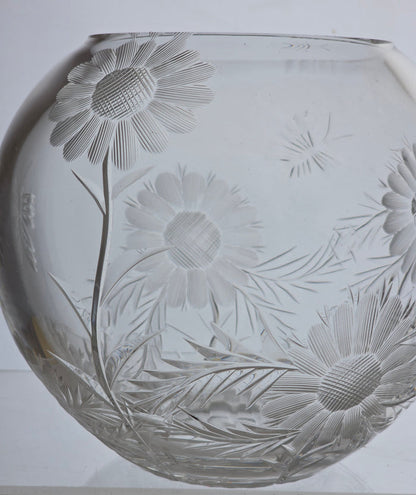 Hand cut glass rose bowl, Butterfly and floral