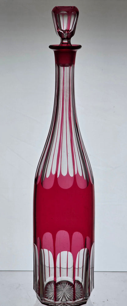 Hand Cut to clear cranberry decanter PA21