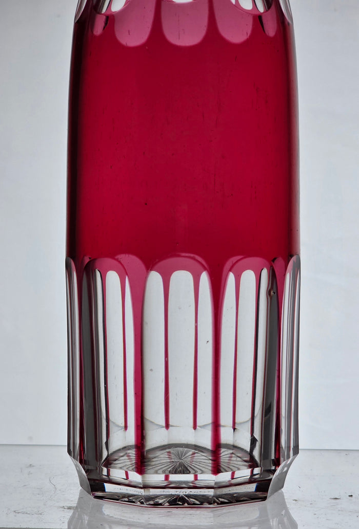 Hand Cut to clear cranberry decanter PA21