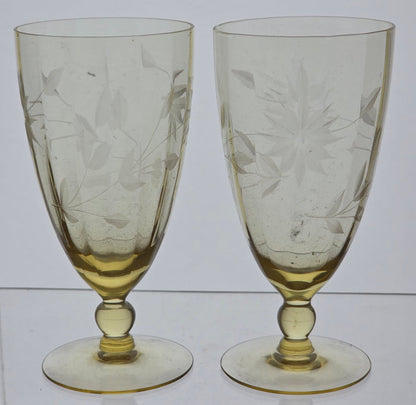 Lancaster Glass Co. Yellow Jubilee water goblet Pair