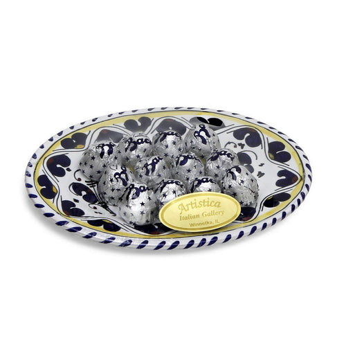 LOVE.ly: Deruta Small Oval Plate with 12 Baci Perugina or 20 Rossana Candies  - ORVIETO BLUE ROOSTER design