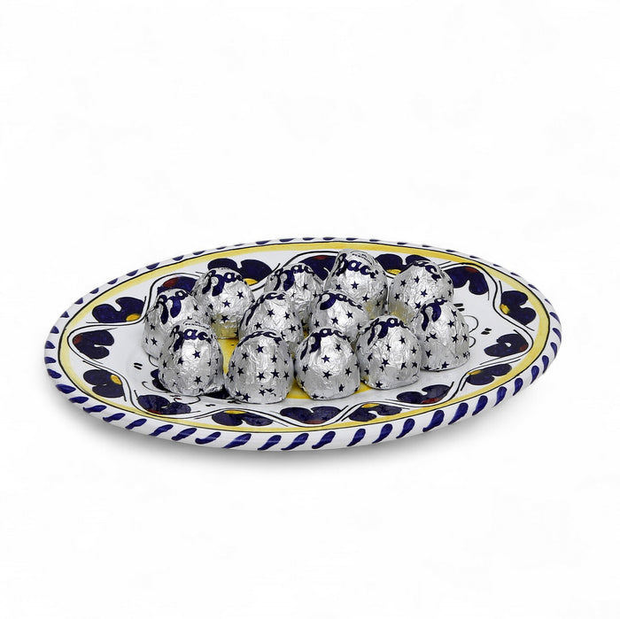 LOVE.ly: Deruta Small Oval Plate with 12 Baci Perugina or 20 Rossana Candies  - ORVIETO BLUE ROOSTER design
