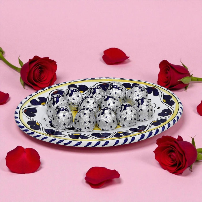 LOVE.ly: Deruta Small Oval Plate with 12 Baci Perugina or 20 Rossana Candies  - ORVIETO BLUE ROOSTER design