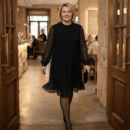Lumiveil™ – Rhinestone Mesh Sleeve Dress with Ruffle Hem - Lark & Clover