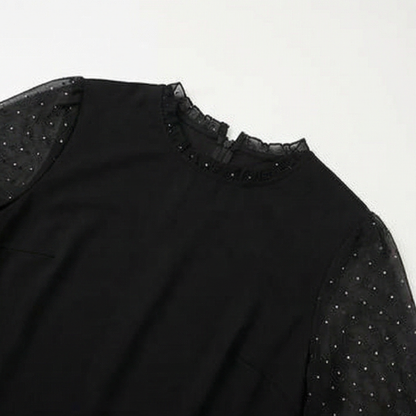 Lumiveil – Rhinestone Mesh Sleeve Dress with Ruffle Hem