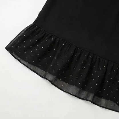 Lumiveil – Rhinestone Mesh Sleeve Dress with Ruffle Hem