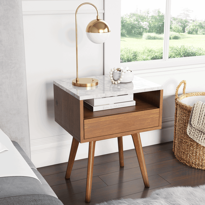 Mid - Century Faux Marble Nightstand with Drawer - Nathan James