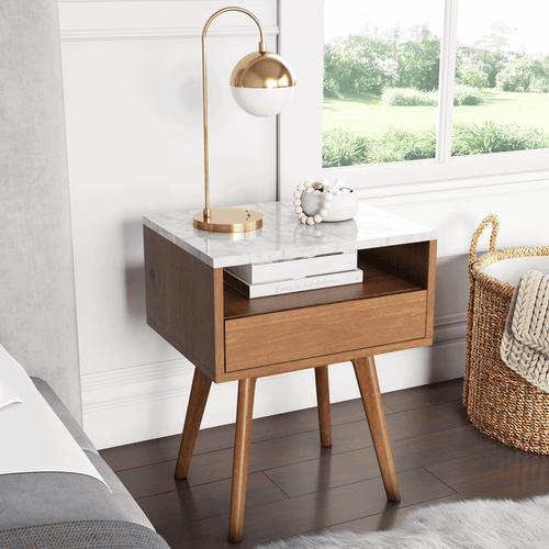Mid - Century Faux Marble Nightstand with Drawer - Nathan James