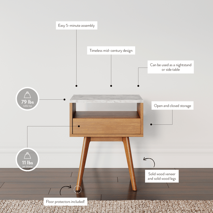 Mid-Century Faux Marble Nightstand with Drawer - Nathan James