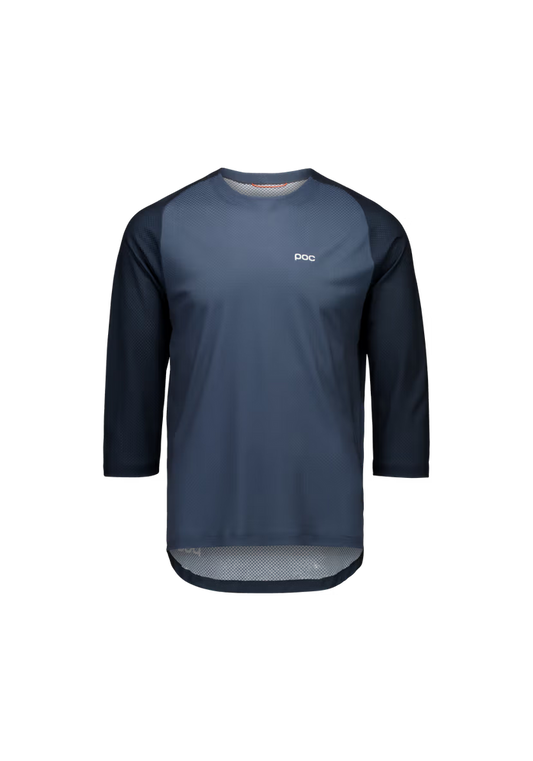 A 3/4 sleeve athletic jersey top in slate blue with dark navy sleeves and a small white logo on the chest, displayed on a clean white background.