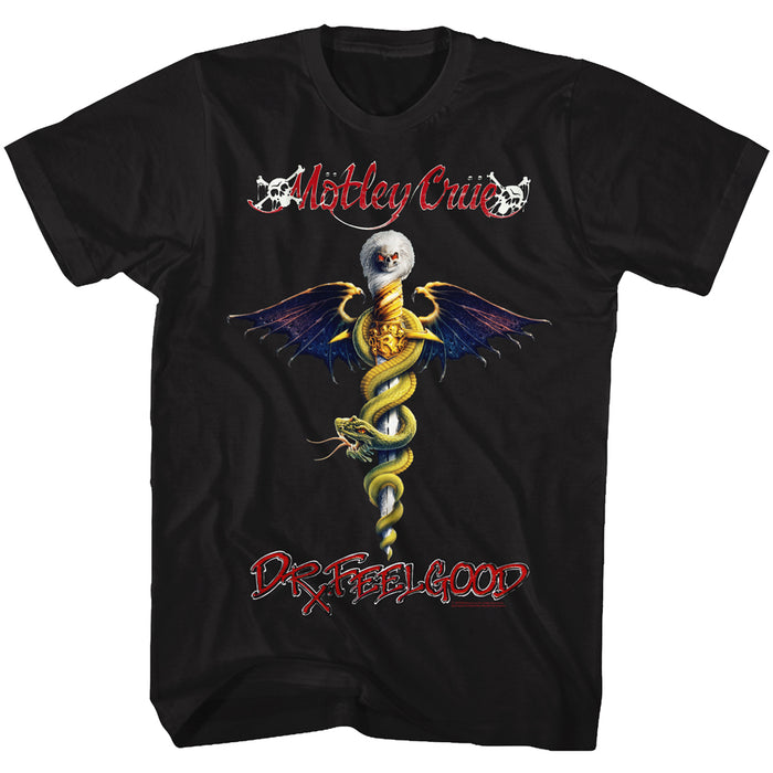 unisex black motley crue shirt with logo and full color picture of dr. feel good snake dagger album cover art with text that reads "dr. feel good"