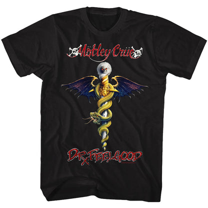 unisex black motley crue shirt with logo and full color picture of dr. feel good snake dagger album cover art with text that reads "dr. feel good"