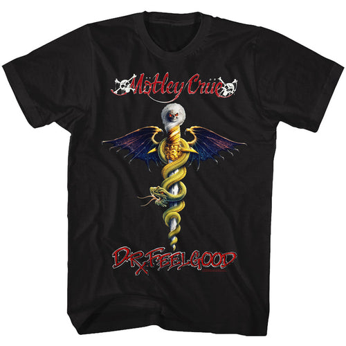 unisex black motley crue shirt with logo and full color picture of dr. feel good snake dagger album cover art with text that reads "dr. feel good"