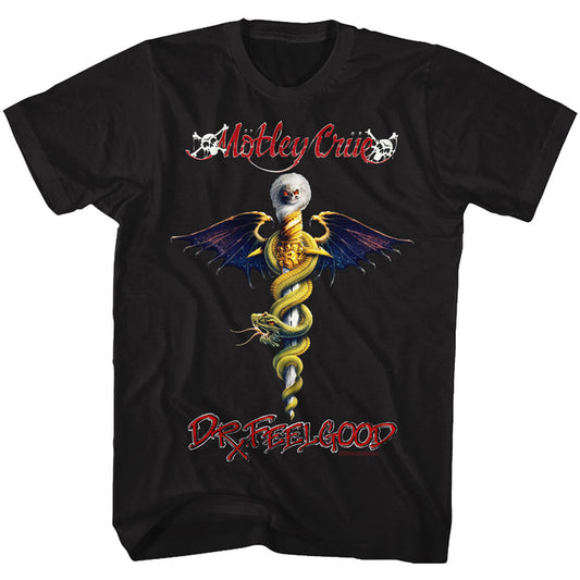 unisex black motley crue shirt with logo and full color picture of dr. feel good snake dagger album cover art with text that reads "dr. feel good"