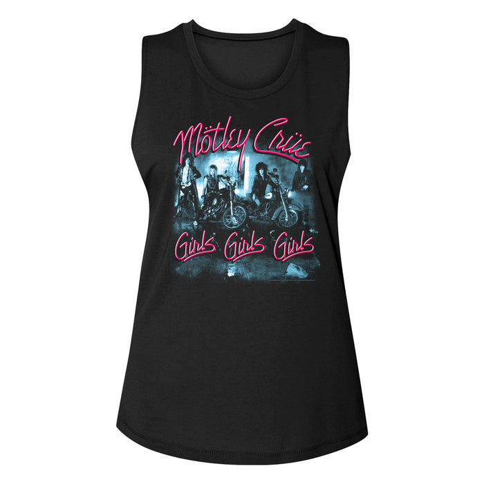 women's black motley crue sleeveless muscle cut shirt with logo and girls girls girls album cover art and text that reads "girls girls girls"