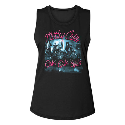 women's black motley crue sleeveless muscle cut shirt with logo and girls girls girls album cover art and text that reads "girls girls girls"