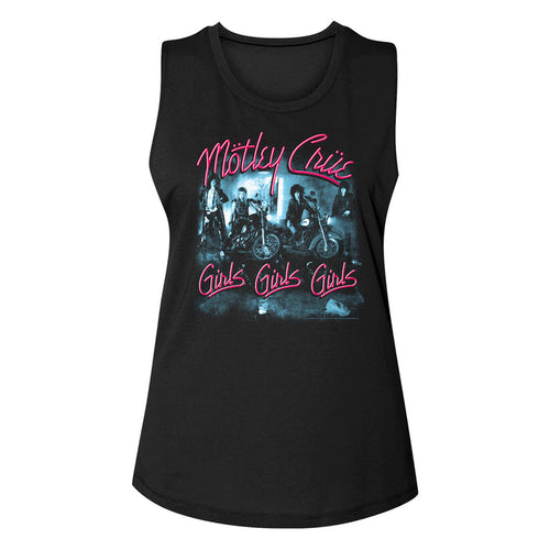 women's black motley crue sleeveless muscle cut shirt with logo and girls girls girls album cover art and text that reads "girls girls girls"