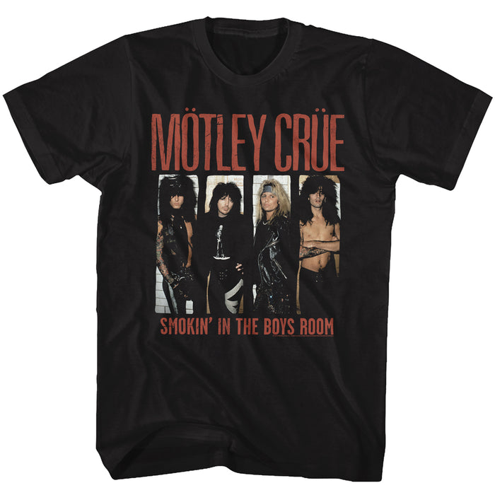 black unisex motley crue shirt with picture of band leaning up against white brick wall with text that reads "smokin' in the boys room"