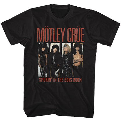 black unisex motley crue shirt with picture of band leaning up against white brick wall with text that reads "smokin' in the boys room"