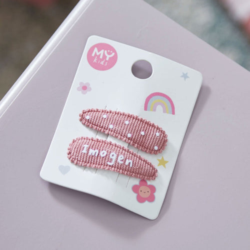 My Kids Personalised Name Set of 2 Pink Fabric Hair Clips