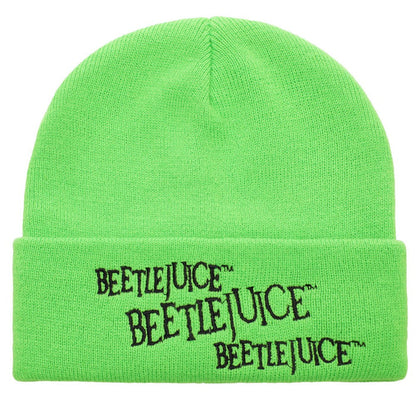 neon green beanie with embroidered "beetlejuice, beetlejuice, beetlejuice" on the bottom brim