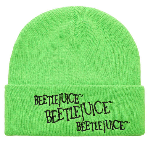 neon green beanie with embroidered "beetlejuice, beetlejuice, beetlejuice" on the bottom brim