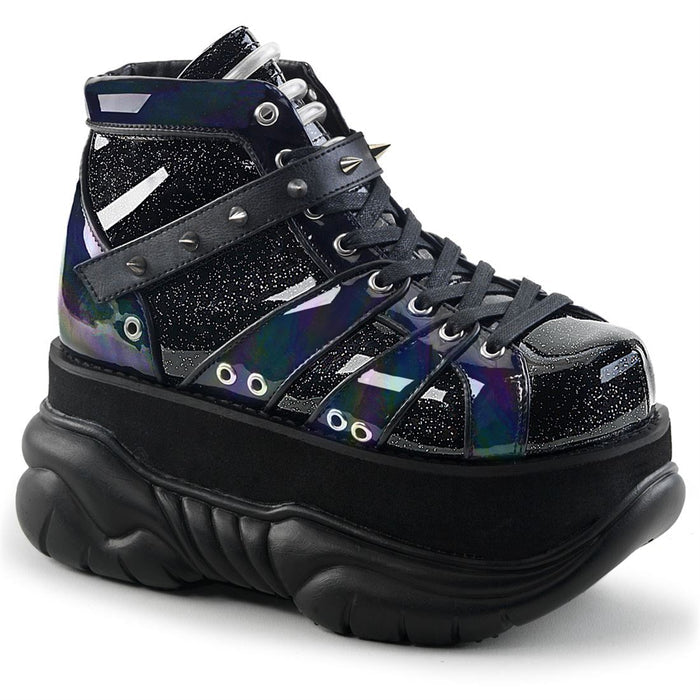 outer side view of Vinyl UV reactive tubing shoe, 3" platform Lace-up shoe Features hook n' loop ankle strap w/ cone studs and UV reactive tubing on tongue