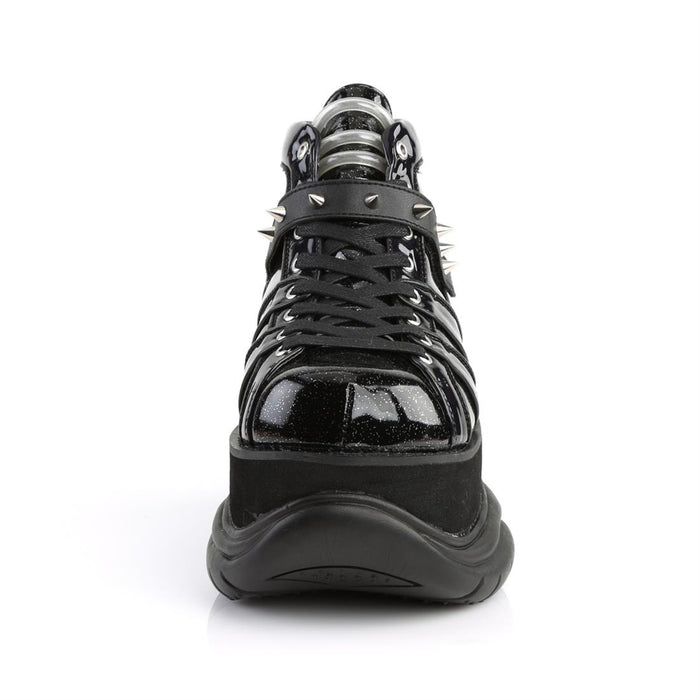 front side view of outer side view of Vinyl UV reactive tubing shoe, 3" platform Lace-up shoe Features hook n' loop ankle strap w/ cone studs and UV reactive tubing on tongue