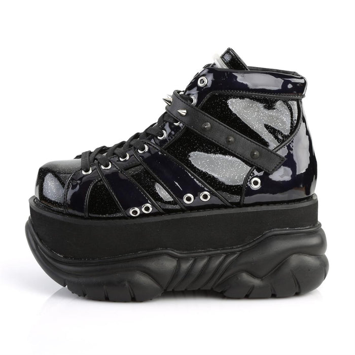 outer side view of outer side view of Vinyl UV reactive tubing shoe, 3" platform Lace-up shoe Features hook n' loop ankle strap w/ cone studs and UV reactive tubing on tongue