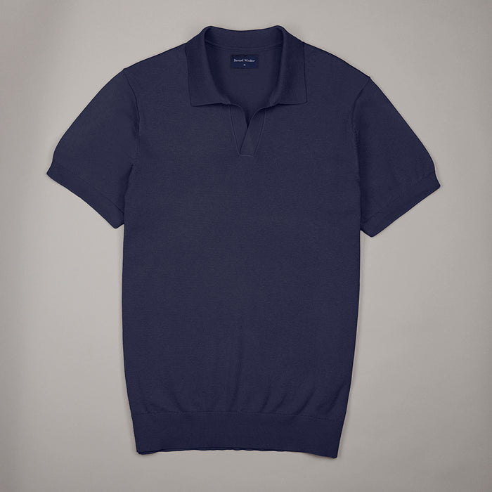 Open Collar Knitted Polo - Navy