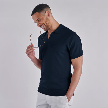 Open Collar Knitted Polo - Navy