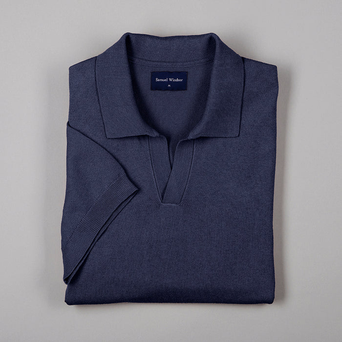 Open Collar Knitted Polo - Navy