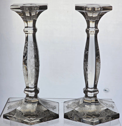 Pair etched glass candlesticks  US Glass Co pa20