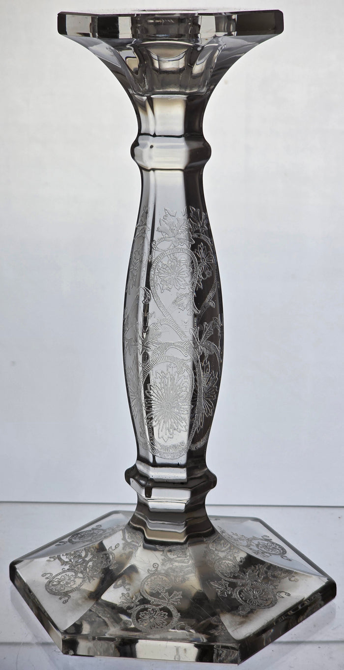 Pair etched glass candlesticks  US Glass Co pa20