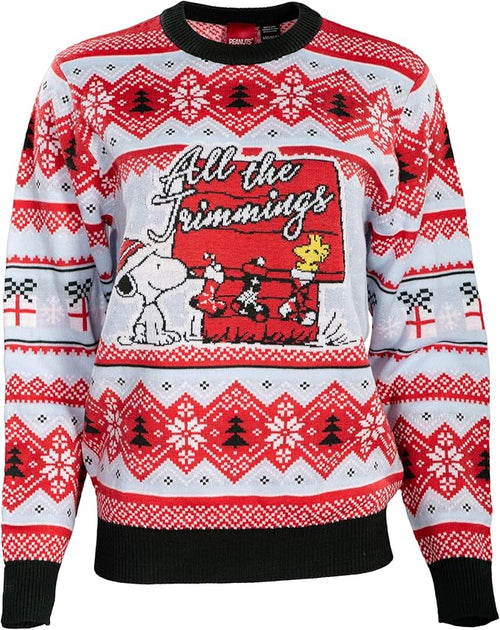 Peanuts House Snoopy and Woodstock All The Trimmings Adult Ugly Christmas Sweater - TVStoreOnline