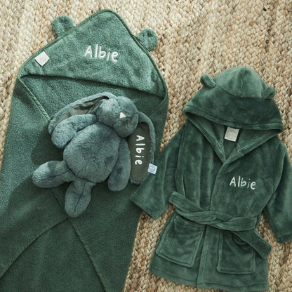 Personalised Forest Green Splash, Snuggle and Cuddle Gift Set