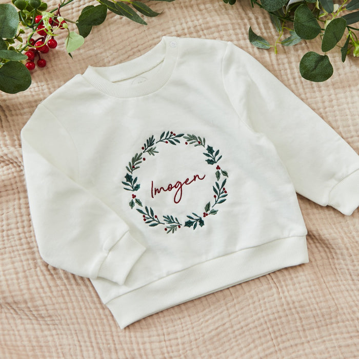 Personalised Kids' White Traditional Wreath Christmas Jumper