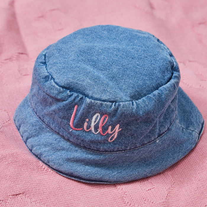 Personalised Pink Name Denim Bucket Hat