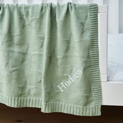 Personalised Sage Green Star Jacquard Blanket