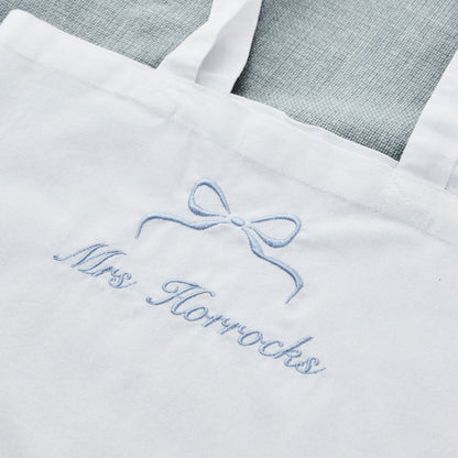 Personalised Something Blue Bow White Embroidered Tote Bag