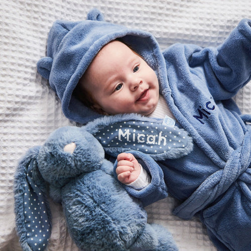 Personalised Wave Blue Fleece Robe With Ears
